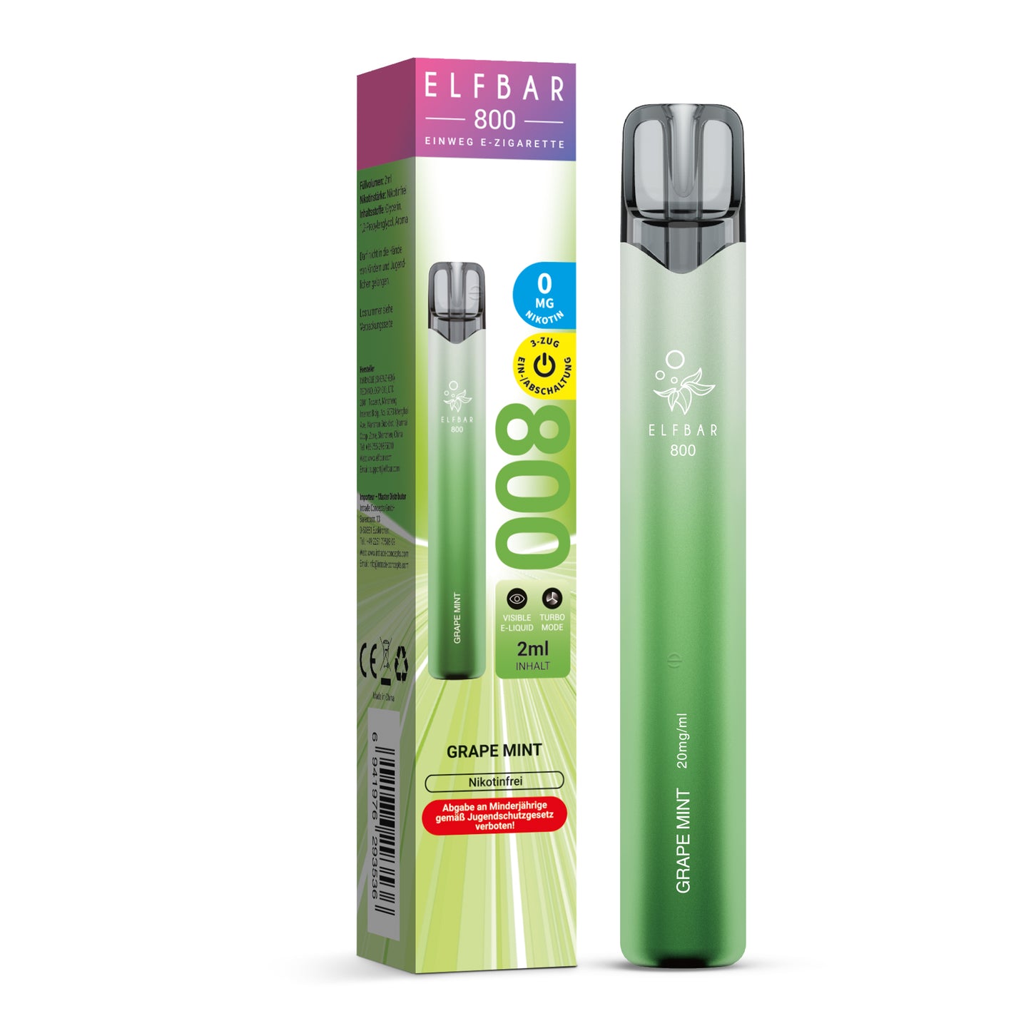 E-Zigarette Elfbar 800 Grape Mint 0mg NIKOTINFREI